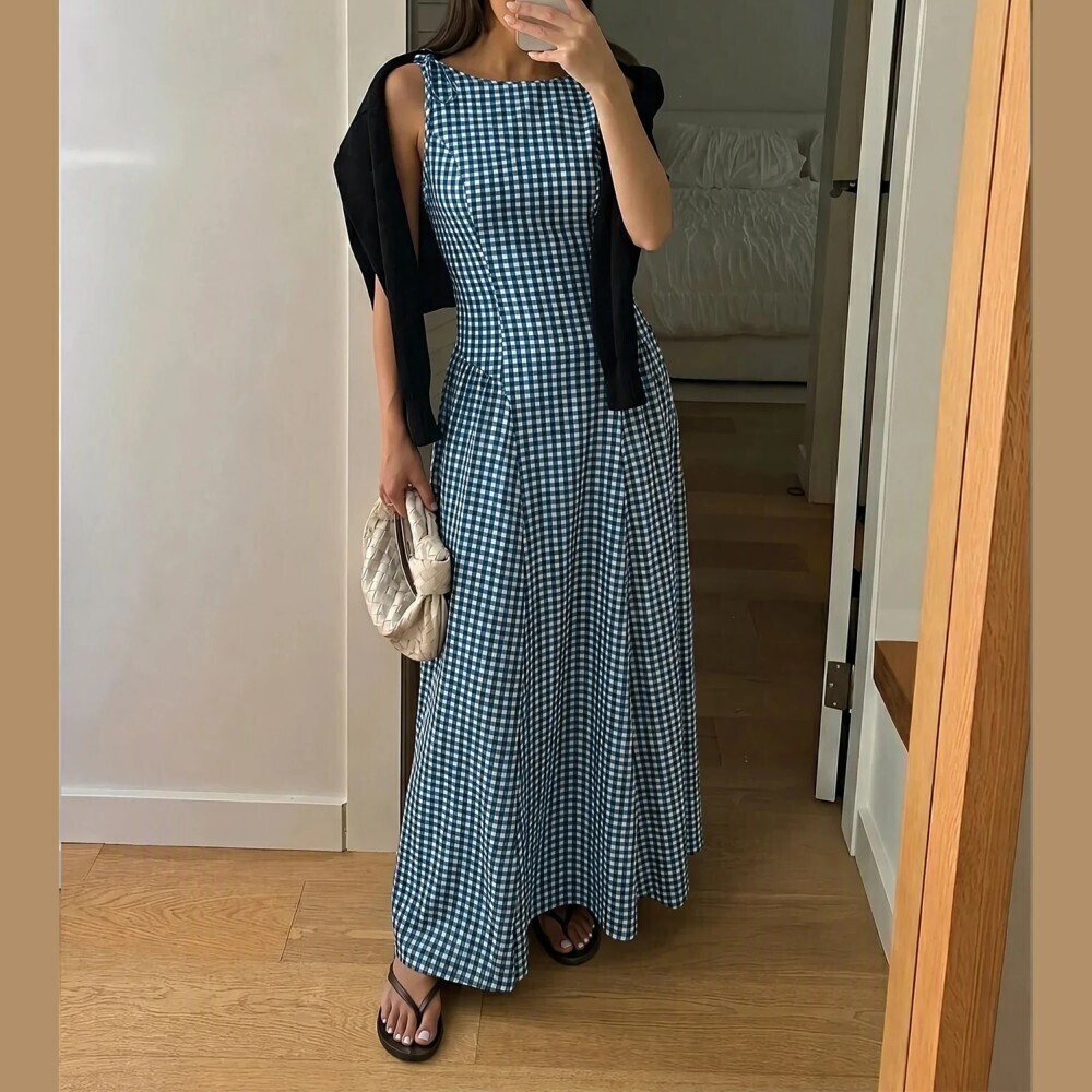 Blue Gingham Check Plaid Sleeveless Round Neck A-Line Maxi Dress